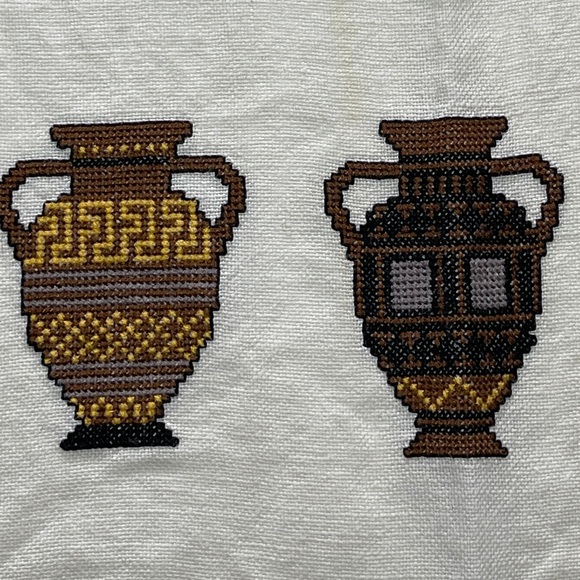 Vintage Cross-stitched Tablecloth (handmade) with playful Grecian Urn design - Picture 7 of 16